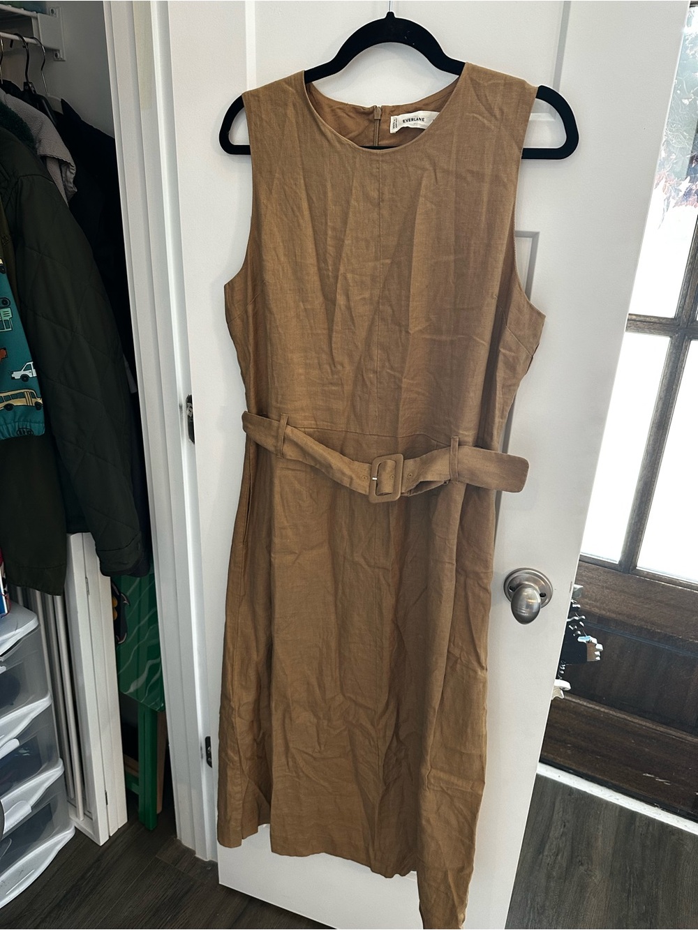 Everlane Tan Sleeveless Belted Linen-Blend Midi Dress